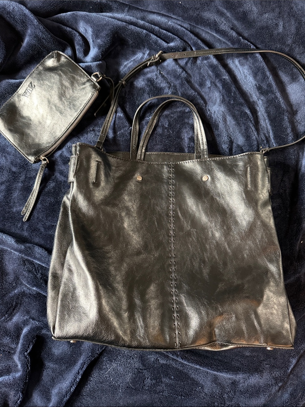 Zara Black Faux Leather Tote with Detachable Black Crossbody Pouch